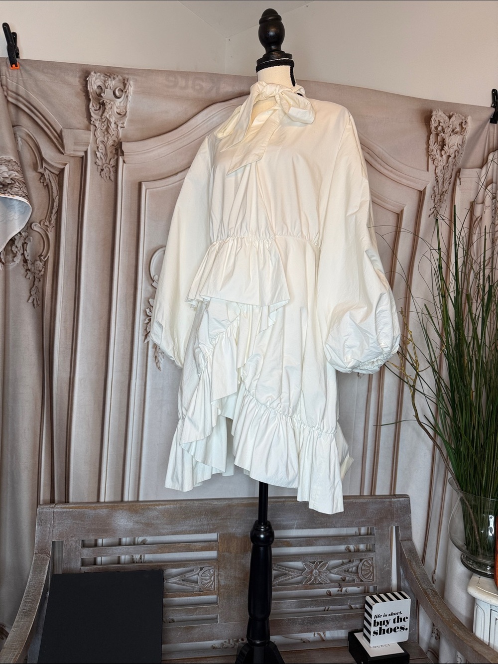 GOEN.J Ivory Ruffled Tie-Neck Mini Dress